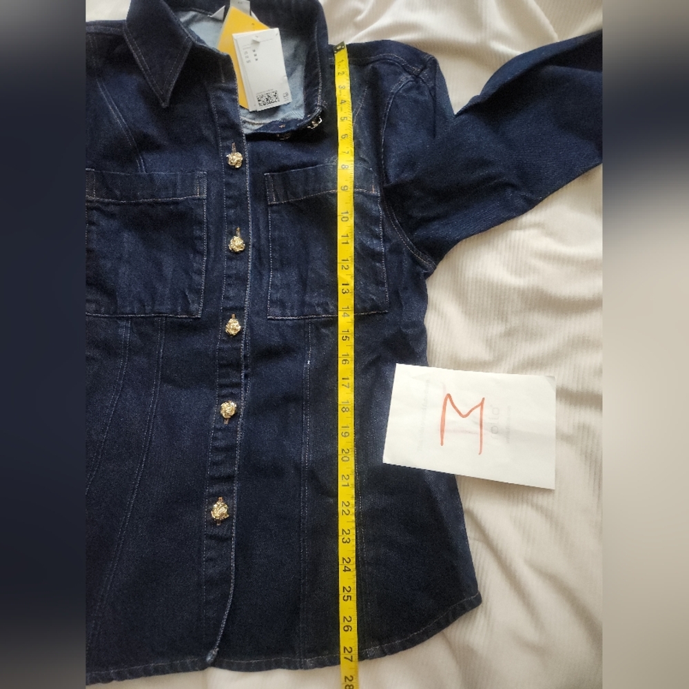 H&M defined-Waist Denim Shirt Gold Buttons- Dark Denim Blue BNWT - Picture 7 of 16